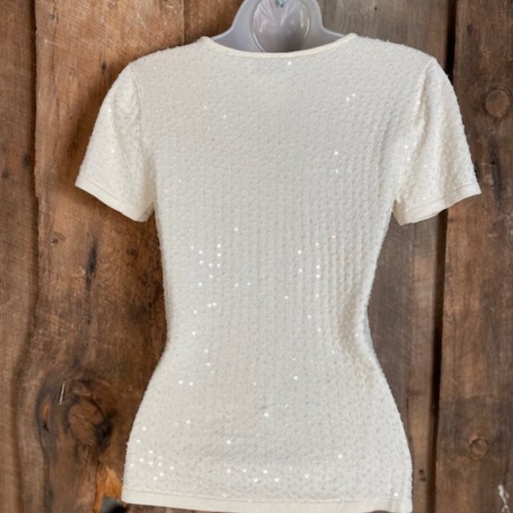 Oscar De La Renta Silk Knitted Beaded Sequin Short Sleeve Top,  Size Petite - Picture 13 of 16